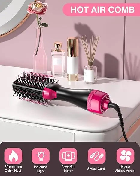 4-in-1 hot air brush styling comb with one-step heating, designed for straightening, curling, drying, and volumizing hair for a salon-quality finish