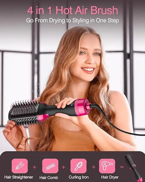 4-in-1 hot air brush styling comb with one-step heating, designed for straightening, curling, drying, and volumizing hair for a salon-quality finish