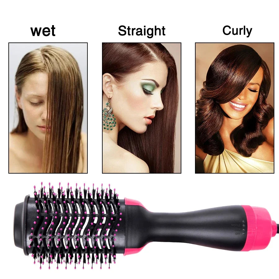 4-in-1 hot air brush styling comb with one-step heating, designed for straightening, curling, drying, and volumizing hair for a salon-quality finish