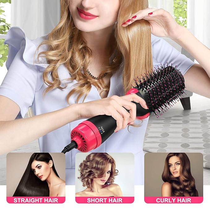 4-in-1 hot air brush styling comb with one-step heating, designed for straightening, curling, drying, and volumizing hair for a salon-quality finish