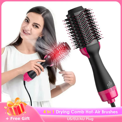 4-in-1 hot air brush styling comb with one-step heating, designed for straightening, curling, drying, and volumizing hair for a salon-quality finish