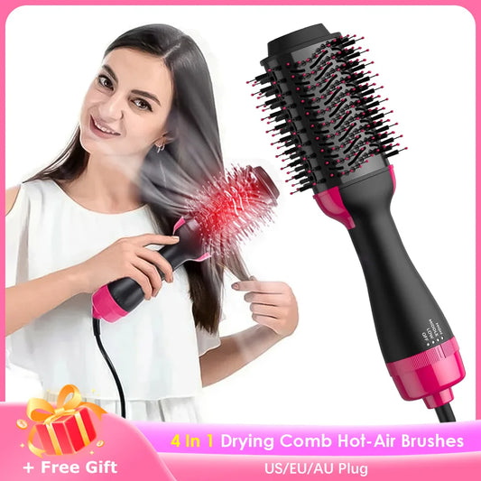 4-in-1 hot air brush styling comb with one-step heating, designed for straightening, curling, drying, and volumizing hair for a salon-quality finish